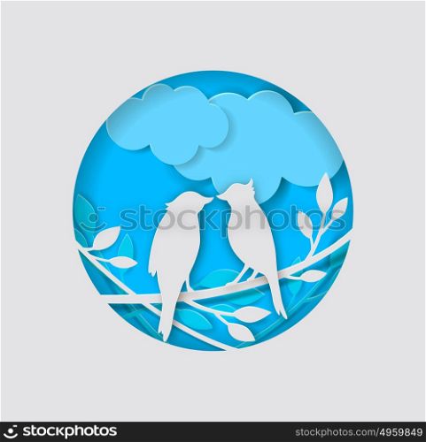 Vector two paper birds, clouds and branch on a blue background.