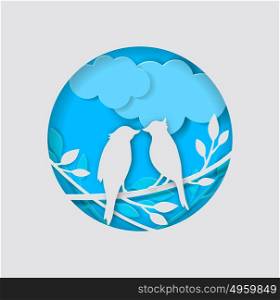 Vector two paper birds, clouds and branch on a blue background.