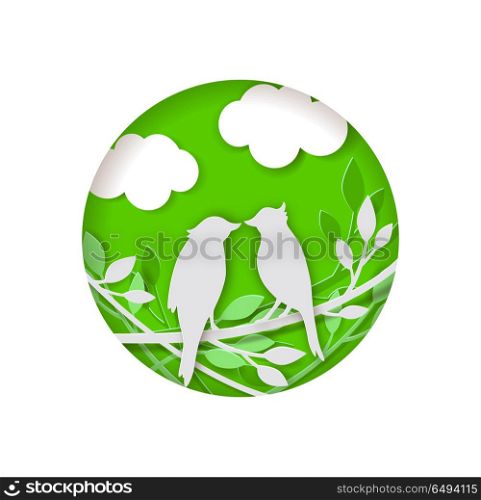 Vector two paper birds, clouds and branch on a green background. . Paper bird on a green background