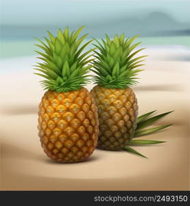 Vector two pineapples with green palm leaf isolated on blur seaside background. Pineapples on seaside