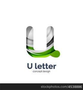 Vector U letter logo, modern abstract geometric elegant design, shiny light effect. Created with flowing waves