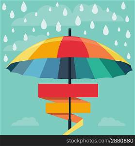 Vector umbrella and rain drops in rainbow colors