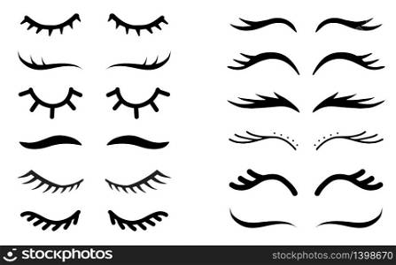 Vector unicorn eyelashes set. Closed eyes symbol. Icon bundle. Cute girly design.. Vector unicorn eyelashes. Closed eyes. Icon set. Cute design.