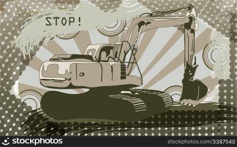 vector urban grunge concept with an excavator, eps10, place for your text