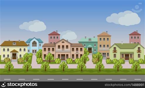 Vector urban landscape. Set of town houses along city street, sidewalks, summer or spring, trees and bushes in blossom. Seamless background for cartoon or game asset. Vector illustration