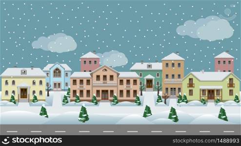 Vector urban landscape. Set of town houses along city street, sidewalks, winter with snowflakes and trees in snow. Seamless background for cartoon or game asset. Vector illustration