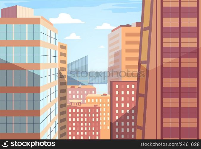Vector urban landscape. Window and roof, sunbeams on facade, design town and city. Vector urban landscape