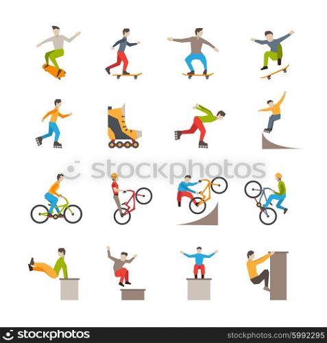 Vector Urban Sport Icons With People. Flat isolated urban sport icons with people action in skateboarding rollerblading cycling parkour vector illustration