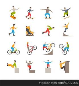 Vector Urban Sport Icons With People. Flat isolated urban sport icons with people action in skateboarding rollerblading cycling parkour vector illustration