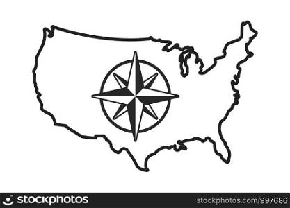Vector usa country linear map with isolated compass. Compass, navigation icon. Vector graphic. Vintage compass. EPS 10