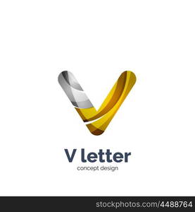 Vector V letter logo, modern abstract geometric elegant design, shiny light effect. Created with flowing waves