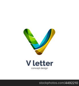 Vector V letter logo, modern abstract geometric elegant design, shiny light effect. Created with flowing waves