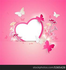 Vector Valentine background with paper heart and butterflies
