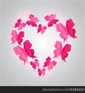 Vector Valentine background with red heart and butterflies