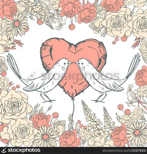 Vector Valentine&rsquo;s Day background with hand drawn flowers and birds. Sketch illustration.. Vector background with flowers and birds.