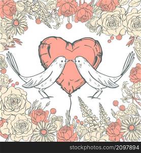 Vector Valentine&rsquo;s Day background with hand drawn flowers and birds. Sketch illustration.. Vector background with flowers and birds.