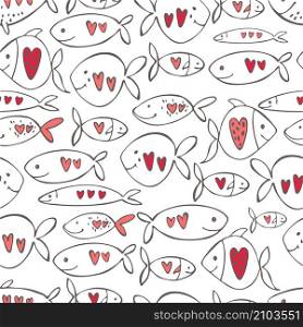 Vector Valentine&rsquo;s day seamless pattern. Loving fish with hearts.. Valentine&rsquo;s day pattern with fish .