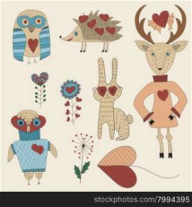 Vector Valentine&rsquo;s Day Set with animals and plants