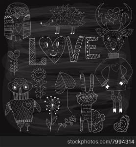 Vector Valentine&rsquo;s Day Set with animals and plants,white chalk on blackboard