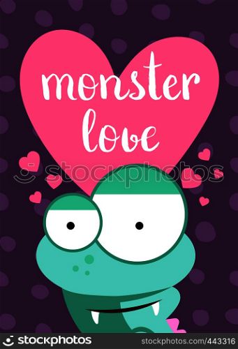 Vector Valentines Day card with heart, cute monster and lettering on circles background. Cute character illustration. Vector Valentines Day card with heart, cute monster and lettering on circles background