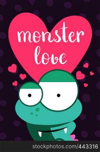 Vector Valentines Day card with heart, cute monster and lettering on circles background. Cute character illustration. Vector Valentines Day card with heart, cute monster and lettering on circles background