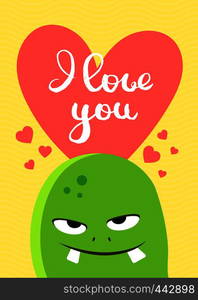 Vector Valentines Day card with heart, cute monster and lettering on wavy background i love you illustration. Vector Valentines Day card with heart, cute monster and lettering on wavy background