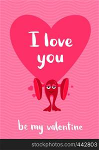 Vector Valentines Day card with hearts, cartoon monster with big ears and lettering i love you on wavy background illustration. Vector Valentines Day card with hearts, cartoon monster with big ears and lettering on wavy background