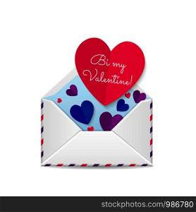 Vector Valentines Day illustration of Open envelope with paper hearts isolated on white background. Bisexual colors