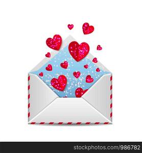 Vector Valentines Day illustration of open envelope with shiny paper red hearts isolated on white background