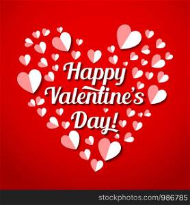 Vector Valentines Day illustration of paper hearts and lettering on red background