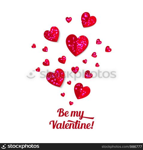 Vector Valentines Day illustration of paper red hearts with text isolated on white background