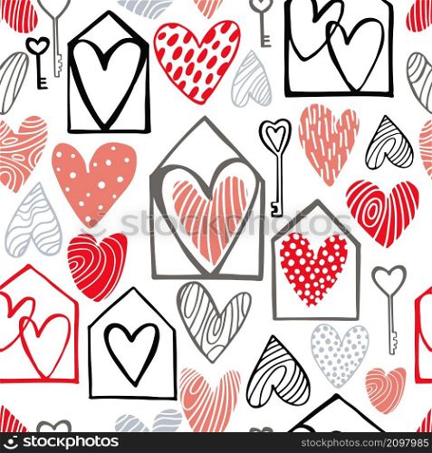 Vector Valentines day seamless pattern with hearts and houses with keys. Sketch illustration.. Vector pattern with sketch hearts.