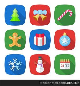 vector various christmas new year flat design icons set with christmas tree, jingle bells, lollipop, gingerbread man, gift box, christmas tree toy, snowflake, snowman, calendar holiday