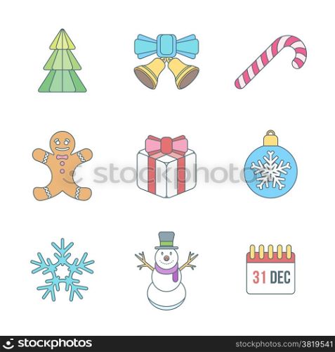 vector various christmas new year outline color icons set with christmas tree, jingle bells, lollipop, gingerbread man, gift box, christmas tree toy, snowflake, snowman, calendar holiday