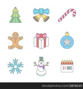 vector various christmas new year outline color icons set with christmas tree, jingle bells, lollipop, gingerbread man, gift box, christmas tree toy, snowflake, snowman, calendar holiday