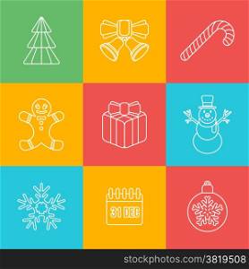 vector various christmas new year outline colored background icons set with christmas tree, jingle bells, lollipop, gingerbread man, gift box, christmas tree toy, snowflake, snowman, calendar holiday