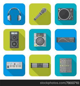 vector various color flat design sound dj equipment devices icons set square background&#xA;