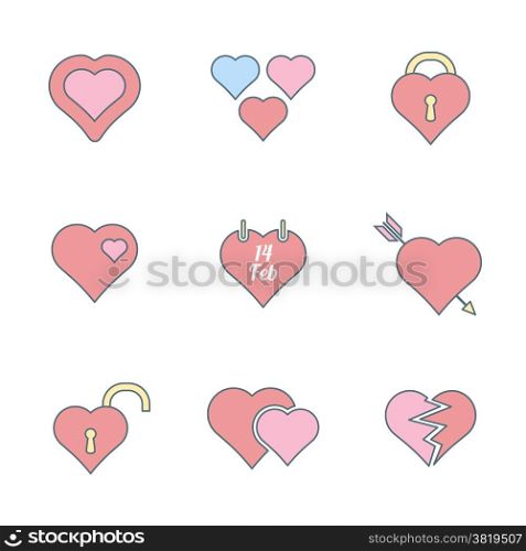 vector various colored outline valentines day heart icons set&#xA;