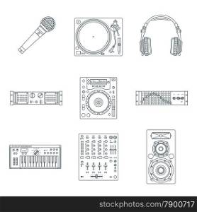 vector various dark outline sound dj equipment devices technical illustration icons set white background