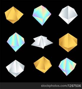 vector various jewelry silver gold pearl gradients colorful various angles of decoration shapes collection isolated black background. vector glossy platonic solids set
