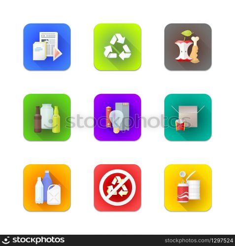 vector various waste paper organic glass electrical cardboard plastic metal garbage management segregation icon collection. various recycle waste management set