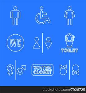 vector various white color outline water closet signs toilet restroom icons set blue background&#xA;