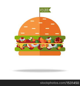 Vector vegan burger. Flat cartoon illustration. Vector vegan burger. Flat graphic cartoon illustration