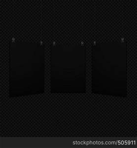 vector vertical black empty poster set suspended on office clamps mock up realistic shadow blank template isolated neutral dark background. vertical suspended poster set mockup