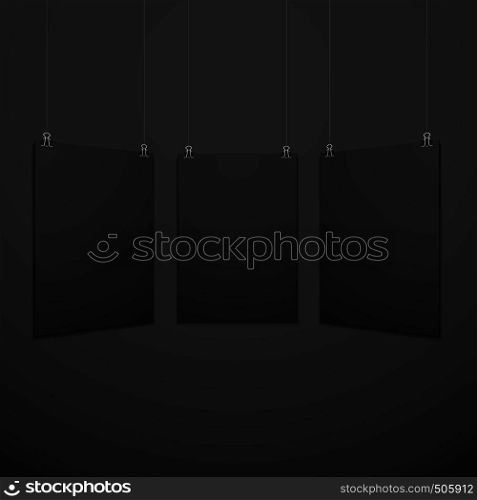 vector vertical black empty poster set suspended on office clamps mock up realistic shadow blank template isolated black background. vertical suspended poster set mockup