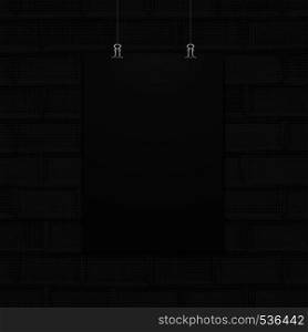 vector vertical black empty poster suspended on office clamps mock up realistic shadow blank template isolated dark metro style bricks texture background. suspended poster mockup wall texture