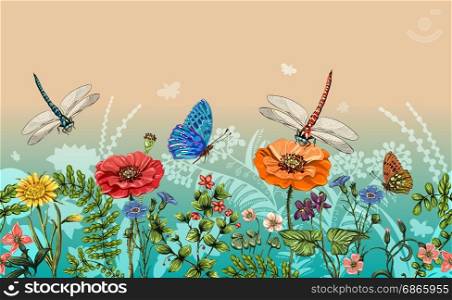 Vector vertical border with dragonflies, butterflies, flowers, grass and plants. Summer style. Seamless nature border, floral background. Vector horizontal banner with colorful plants. Vector vertical border with dragonflies, butterflies, flowers, grass and plants. Summer style. Seamless nature border, floral background. Vector horizontal banner