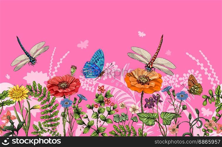 Vector vertical border with dragonflies, butterflies, flowers, grass and plants. Summer style. Seamless nature border, floral background. Vector horizontal banner with colorful plants and insects. Vector vertical border with dragonflies, butterflies, flowers, grass and plants. Summer style. Seamless nature border, floral background. Vector horizontal banner with colorful plants