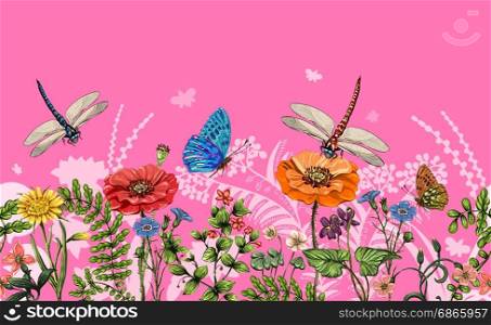 Vector vertical border with dragonflies, butterflies, flowers, grass and plants. Summer style. Seamless nature border, floral background. Vector horizontal banner with colorful plants and insects. Vector vertical border with dragonflies, butterflies, flowers, grass and plants. Summer style. Seamless nature border, floral background. Vector horizontal banner with colorful plants