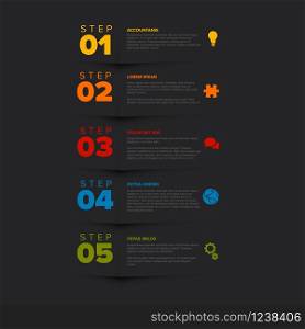 Vector vertical five steps progress template with descriptions and icons - dark version